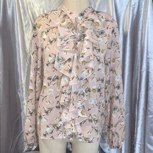 Pink ruffle floral business blouse